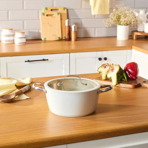 Karaca Swiss Crystal Almond Cream 24 cm Non‑Stick Induction Shallow Casserole with Lid – PFAS/PFOA‑Free Ceramic Coating, Dishwasher Safe, Cream Finish