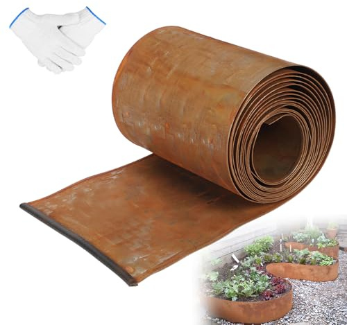 Bordure de pelouse en acier Corten 5 m x 20 cm - Bordure de parterre en métal aspect rouille - Bordure de pelouse flexible - Avec 1 paire de gants - Pour délimiter les parterres de fleurs, les allées
