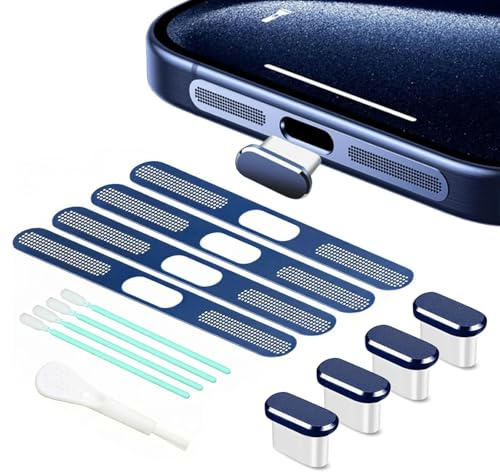 Muorruo 4-pack USB-C dust protection plugs, USB-C port cover, Type-C charging port cover with speaker dust protection, mobile accessories for iPhone 17 Pro Max, dark blue