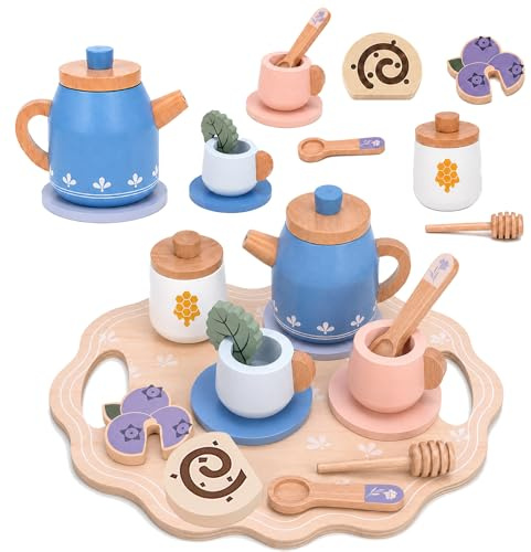 GYMSTR Toys for 2 3 4 5 Year Old Girls Boys Gift,Wooden Tea Set for Toddlers Pretend Play Kids Toy,Tea Set Toy Kitchen Accessories---Christmas Easter Birthday Present