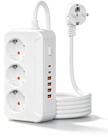 Steckdosenleiste 3 Fach mit USB C, Mehrfachsteckdose mit 4 USB-A & 2 USB-C, Steckerleiste mit Schalter, 1,8 m Kabel, Wandmontage, 2500W, Weiß, für Küche Büro Zuhause