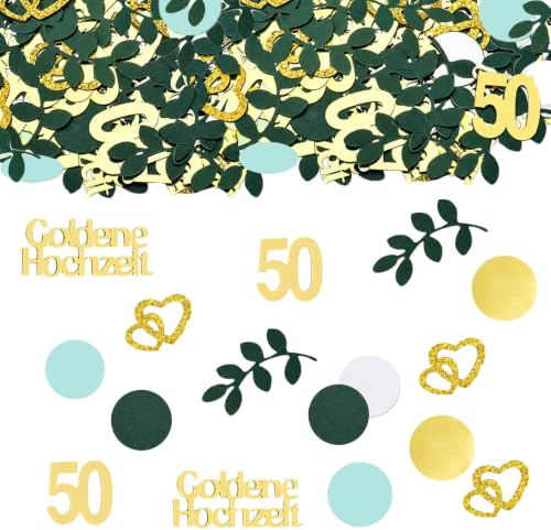 Glitzer Konfetti Goldene Hochzeit Deko Groß,100×Tischdeko Goldene Hochzeit | Goldene Hochzeit 50 Jahre,Tischdeko Goldenen Hochzeite Streudeko,Hochzeitsdeko Tisch Grün Gold,Herz Hochzeitsdekoration