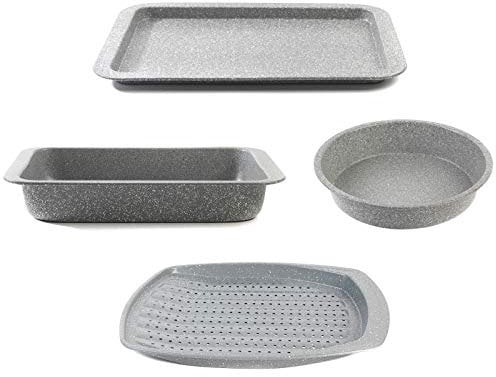Salter COMBO-4723 Marblestone 4-Piece Bakeware Set – Non-Stick Baking Tray and Roasting Pan, Oven Sheet, Roaster, Perforated Chip Tray, Round Cake Tin, Durable Carbon Steel Bakeware, PFOA-Free