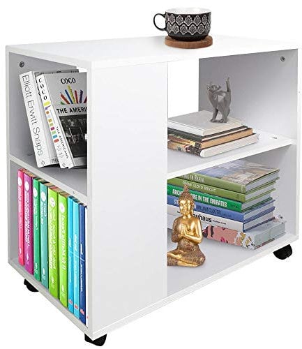 BAKAJI Libreria Bassa Scaffale 5 Ripiani con Ruote in Legno Antigraffio con strato Melaminico Tavolino Laterale Divano Design Moderno per Soggiorno Salotto Casa o Ufficio (Bianco)