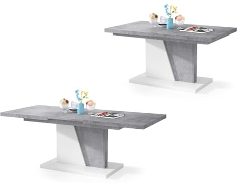 All4All Couchtisch Noel - Kaffeetisch - Wohnzimmertisch – Sofatisch mit Ablagen - Esstisch mit Einlegeplatte - ausklappbar - 120x70cm - 05 - Beton Millenium + Weiß