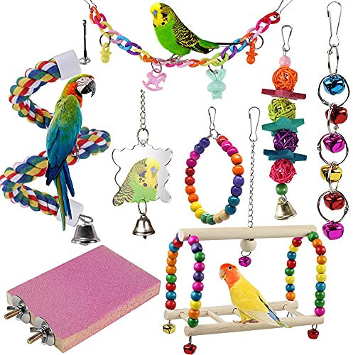 8 Stück Bunten Vogelspielzeug, Bunte Holzperlen, Glocken und Hängematte, zum Aufhängen, Kauspielzeug für kleine Sittiche, Nymphensittiche, Sittiche, Finken, Aras, Papageien, Lovebird