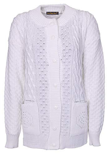 Lets Shop Shop Chunky Cable Knit Cardigan for Women Ladies Round Neck Long Sleeve Aran Plus Size 16 18 20 22 24 White