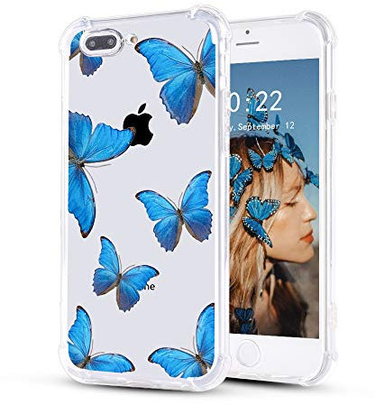 LuGeKe Blue Butterfly Clear Case for iPhone 8 Plus, 5.5 Shockproof Bumper Cover for Apple iPhone 7 Plus/8 Plus with Design, Cute Personalized Phone Cases, Blue Butterfly