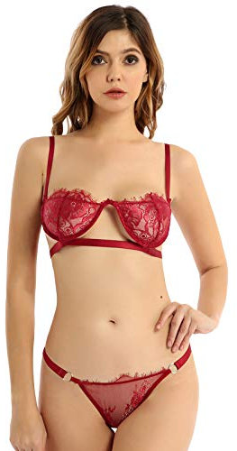FEESHOW Mini Micro Bikini Deux Pièces Femme Ensemble de Lingerie Ouvert Soutien Gorge en Dentelle Transparent Bra Push Up String Ficelle Erotique Underwear Burgundy S