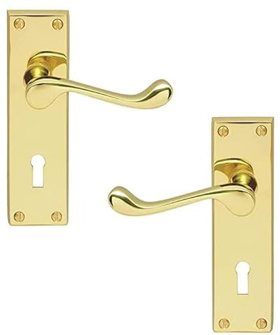 Ironmongery Solutions® Internal Victorian Scroll Lever Lock Door Handle Set in Polished Brass, Polished Chrome, Satin Chrome, Satin Nickel Finishes (Lock, Polished Brass)