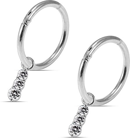 Monster Piercing Ohrring mit 3 runden Zirkonia-Steinen zum Aufhängen, 925er-Sterlingsilber, aufklappbar, Segment-Ohrring, 18 Gauge - 10mm Diameter, Zirkonia, Zirkonia