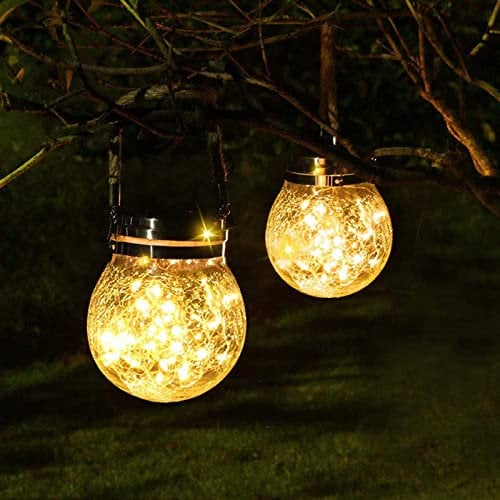 2 Stück Solar-Laternen für den Außenbereich, rissiges Glas, Solarkugel für Garten, LED-Licht, wasserdicht, hängende Solarleuchten Kugelleuchten für Weg, Terrasse, Pool, Baum, Hof, Weihnachten