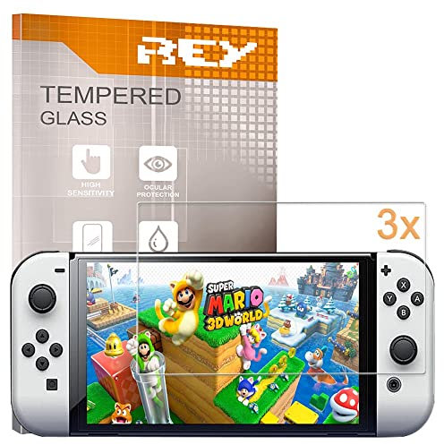 REY 3X Protector Pantalla para Nintendo Switch OLED, Cristal Vidrio Templado Premium