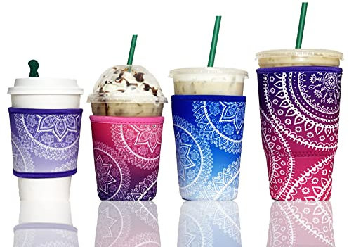 Baxendale Eiskaffee-Hülle für Kaltgetränke, 4 Stück, Neopren, Eiskaffee-Hülsen für kalte Getränke, wiederverwendbar, kompatibel mit Starbucks Dunkin, 4 mm dick (4 Stück XS/S/M/L, Mandala-Mix)