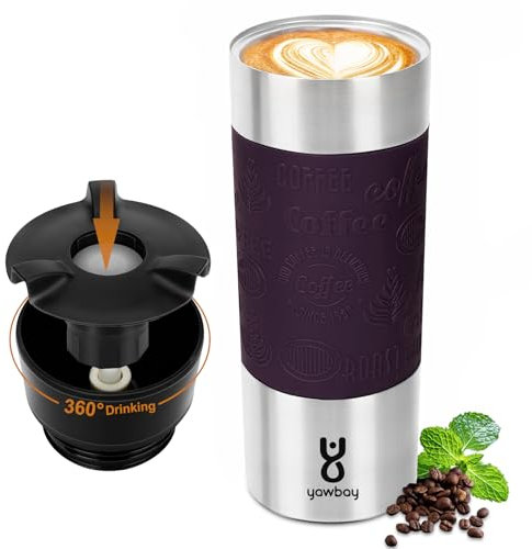 Yawbay Travel Coffee Mug with 360°Lid, Travel Coffee Tumbler 16 oz Leak Proof, Stainless Steel Insulated Travel Mugs for Hot and Cold Spill Proof Leak Proof (Purple)
