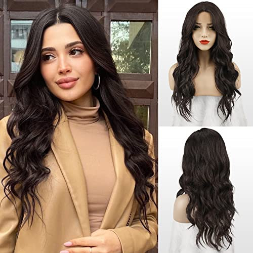 FESHFEN Lange Wellig Perücken Mittelbraun, Lace Front Perücke Mittelscheitel Frauen Synthetik Haar Wellen Lange Wig Natürliche Gewellte Perücken für Damen 65 cm