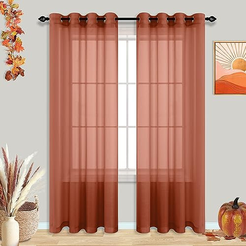 Lot de 2 Panneaux de voilages en Terre Cuite de 213 cm de Long pour Salon, Chambre à Coucher, voilages bohèmes, aérés et Transparents en Faux Lin de Style bohème, Ocre, Rouille, Mandarine, 213 cm de