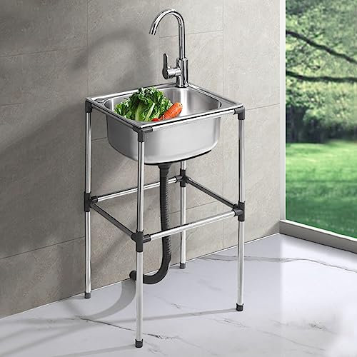 Lavandino Da Esterno In Acciaio Inox Lavello da Cucina in Piedi Lavamani Industriale,Lavatoio da Giardino Campeggio Vasca Singola Lavandino della Cucina,Con Rubinetto (37x31x75cm)