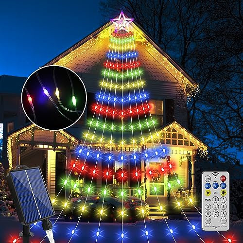 Forlivese Christmas Tree Lights Waterfall,3.5M 350 LEDs Multicolor IP65 Waterproof 8 Modes Solar Christmas Tree Lights with USB line,Indoor&Outdoor Star Fairy Light