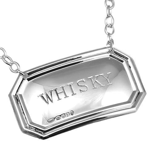 Cators Sterling Silver Whisky Decanter Label - Fully Hallmarked .925 Silver Decanter Labels for Whisky Bottle, 5cm (W) x 3cm (H) Label with 17cm Long Chain