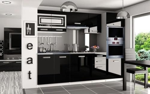 NAKA Küchenschrank-Set Küchenzeile mit Arbeitsplatte Küchenblock 2X Küchenunterschrank 3X Hängeschrank 1x Spülenunterschrank 1x Hochschrank Hochglanz Schwarz INF PAULA/6/WT/B/0/F