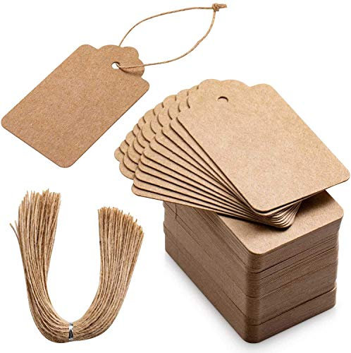 Primbeeks 250 Stück Premium-Geschenkanhänger, doppelseitig, erhältlich aus Kraftpapier, Preisschilder mit 250 natürlichen Jute-Schnur mit Wurzeln, Basteletiketten, Etiketten für Hochzeit, Weihnachten,