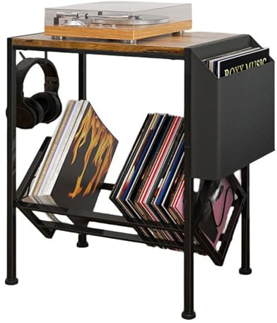 Record Player Stand, Black Record Player Table, Turntable Stand with Record Storage, Vinyl Record Storage Cabinet with Metal Legs, Record Stand for Living Room, Bedroom, Office