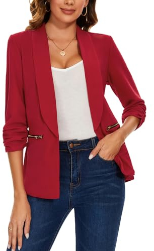 Womens Blazer Open Front Suit Casual Blazers Jackets with Pockets ,Red M