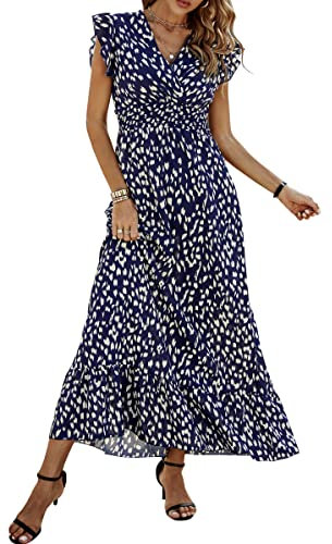 ASOMI Damen Kleider Langes Blumen: Hochzeit Strandkleid Boho Sommerkleid Lässig Wickelkleid Elegant Cocktailkleid Partykleid Swing V-Ausschnitt Kurz Flügelärmel Rüschen Maxikleid 23Marineblau S
