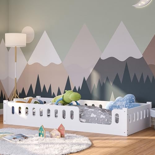 Bellabino Bodenbett Miera 90x200 cm, Montessori Kinderbett weiß, Bett für Kinder inkl. Rausfallschutz und Rolllattenrost mit Eingang aus MDF