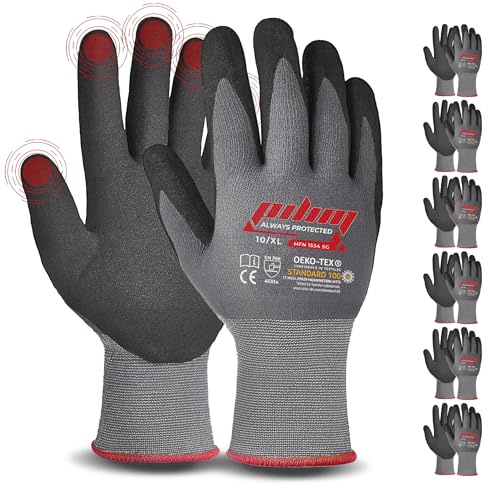 Pilim Microfoam Nitrile Safety Gloves Work Gloves - 6 Pairs Size 11/XXL with Secure Grip Gloves Ideal for Mechanics, Construction and Gardening - Available in 3, 6, or 12 Packs
