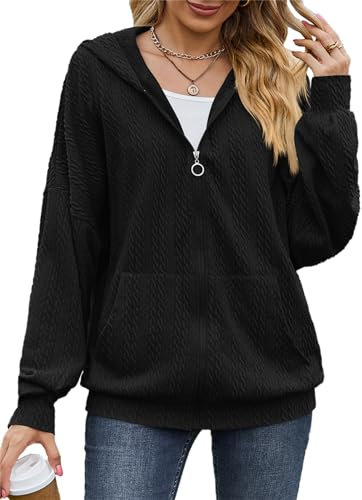 PANOZON Damen Hoodie Sweatjacke Kapuzenpullover Langarm Sweatshirt Kapuzenjacke Cropped Jacke mit Reißverschluss Schwarz XL