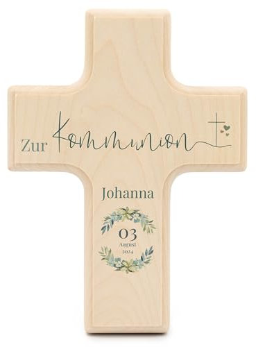 Kinderkreuz zur Kommunion personalisiert 19x14x1,5cm mit Namen und Datum - Geschenke für die Erstkommunion Jungen und Mädchen - Kinderkreuz Holz - Geschenk Patenkind - UV-Druck - Kranz blau