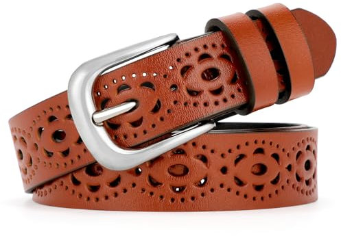 SUOSDEY Damengürtel Echtem Leder, Hohler Blumengürtel für Jeans Hosen Kleider Taillengürtel mit Dornschließe braun