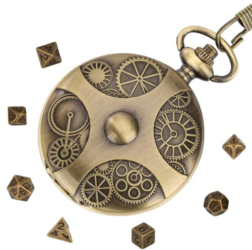 CPJJ Retrò Set Dadi D&D Metallo 7 Dadi Poliedrici,Set di orologi da tasca vintage,per Viaggio Festa Campeggio, per Giochi Giochi di Ruolo(Ingranaggi)
