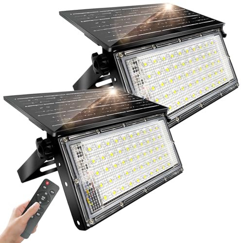 CREATESTAR Lampe Solaire Exterieur 50W Lot de 2, LED Projecteurs Solaires IP65 Étanche avec Télécommande Dimmable, Lampe de Sécurité Solaire pour Porche, Patio, Cour, Garage