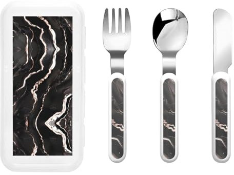 Reusable Black Rose Gold Marble Print Fork, Spoon Knife with Storage Case,Dishwasher Safe for School Lunch,Travel
