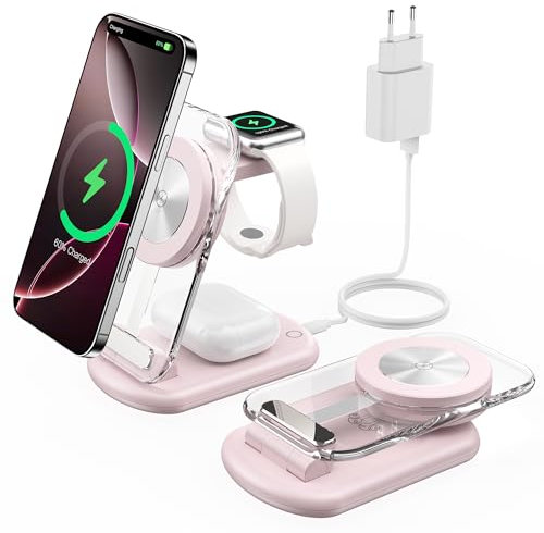 Estación de Carga inalámbrica magnética 3 en 1 para Dispositivos Apple,Cargador rápido y Plegable para Viajes,con luz Nocturna para iPhone 16, 15, 14, Apple Watch/AirPods Pro,PK