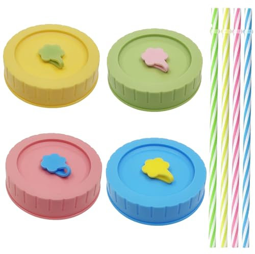 YFelomatric 4-Piece Mason Jar Lid with Holes, Reusable Screw Cap, Plastic & Silicone, Blue, Pink, Yellow, Green