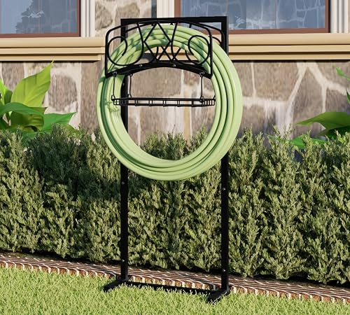 CALIDOLA Organisateur de tuyau de jardin autonome avec revêtement en poudre noir – Support robuste et amovible en acier pour tuyau de 45 m, panier de rangement et outils de montage inclus