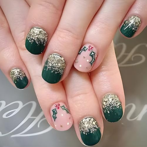 24x Weihnachts Kunstnägel Winter Zum Aufdrücken Kurze Runde Volle Abdeckungen Zum Aufkleben Glitzernd Künstlich