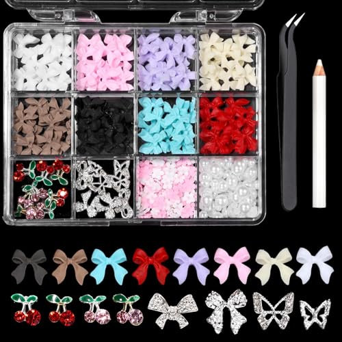 Yeomju 3D Fiocco Chiodi Charms, Rosa Colore Bianco Rosso Nero Fiocco Fiori Perle Chiodi Charms, Colori Misti Chiodi Charms Farfalla Ciliegia Lega Argento
