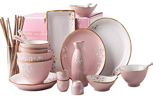SGKOMN Service de Table 36 pièces en Porcelaine Peinte à la Main avec Motif de Fleurs de Cerisier, Bol, Assiette à Soupe et Sushi, pour 6 Personnes
