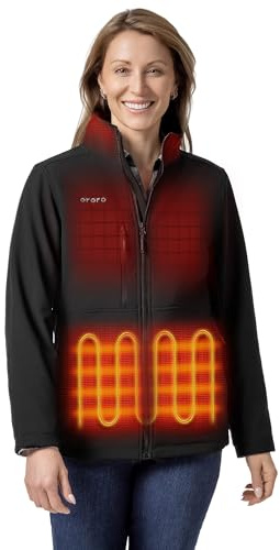 ORORO Women's 5 Heat Zones Softshell Heated Jacket with Power Bank, Fleece Lined Heated Coat