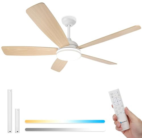 Aigostar Ventilador de Techo con Luz Silencioso 52″, Motor DC Reversible 30W, Mando a Distancia, 6 Velocidades, Luz Regulable (2700K-6500K), Ideal para Dormitorio, Sala o Cocina. Ø132 cm