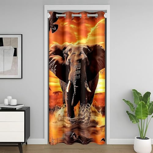 Homewish Türvorhang 3D Elefant Verdunkelungsvorhang 106x203cm Wilde Safari Thema Tür Drapieren Afrikanische Elefantenvögel Drucken Zimmerteiler Vorhang Ästhetische Naturlandschaft
