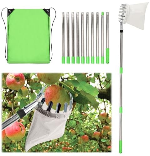 mumisuto 4M Apple Picker with Telescopic Handle,Fruit Picker Tool with Stainless Steel Connecting Pole and Fabric Bag,Tree Fruit Catcher Lemon Picker for Orchard, Farm Picking Fruits from High Places