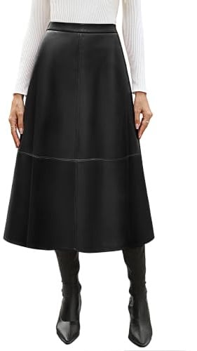 Kate Kasin Damen Faux Lederrock PU Midi Röcke A-Linie Winterrock Schwarz L