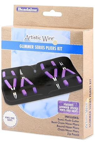 Beadalon Designer Series Glimmer Pliers Kit, Lavender Speckle Vinyl-Free Grips, Chain, Bent Chain, Round, Semi-Flush Cutter, 4.75 in ea, 4 pc with Zip Pouch