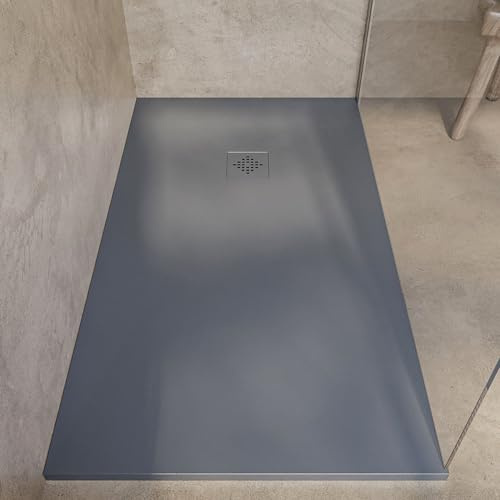 SoulHome Receveur de douche Résine 160x90 Ciment Grille Couleur | Antidérapant C3, extra-plat, résine et charge minérale, texture pierre lisse, antibactérien, gel-coat, + bonde d'évacuation